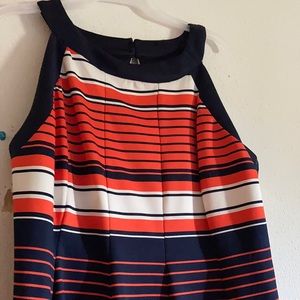 Navy, white, & orange stripe dress, 14P.